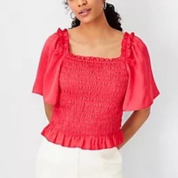 🥑5/$25 Ann Taylor pink square neck smocked blouse with flutter sleeves XXL - Picture 1 of 7